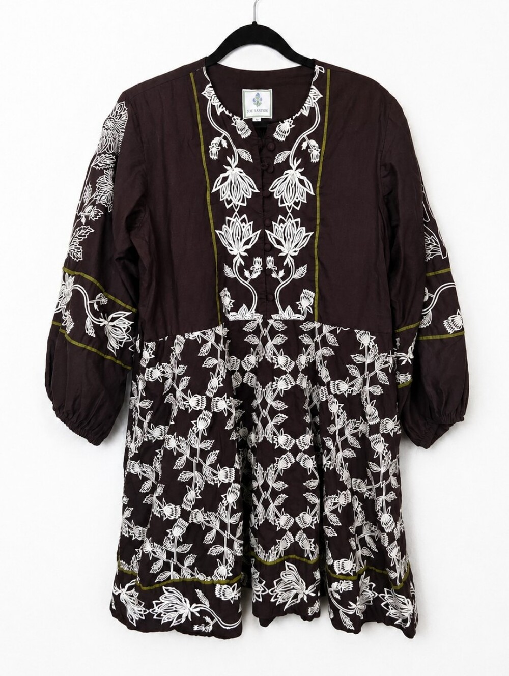 Sue Sartor Embroidered Cotton Floral Boho Cottagecore Puff Sleeve Mini Dress L